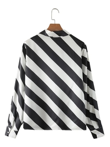 <strong>Black</strong> <strong>and</strong> <strong>White</strong> Color <strong>Long</strong> <strong>Sleeve</strong> Buttons up <strong>Striped</strong> Print Turn Down Collar Casual <strong>Tops</strong> for Ladies - Product Image 2