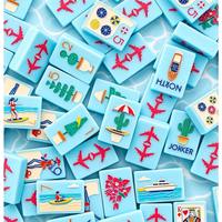 Jeu de Mahjong américain en acrylique imperméable bleu clair, 160 pièces, portable, avec impression personnalisée (été, plage, femme, cactus, bateau, fruits), pour les vacances