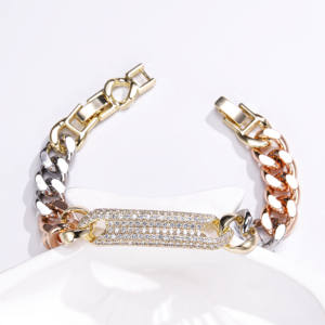 Proveedor de Joyería CM Joyeria Pulsera de Cadena Cubana Chapada en Oro de Alta Calidad para Mujer Pulsera Tricolor de Moda con Circonitas - Product Image 2