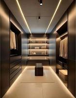 Système de dressing minimaliste italien sur mesure, finition mate foncée, avec éclairage LED intégré pour chambre principale de villa