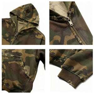 TKAN262D impression numérique personnalisée pour hommes surdimensionnée en vrac 100% coton éponge française camouflage lavé en détresse fermeture éclair avec poche à capuche - Product Image 3