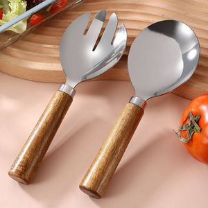 Juego de tenedores y cucharas para ensalada de madera de acacia, acero inoxidable, ecológico, para mezclar y servir ensaladas - Product Image 2