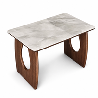 Table basse moderne en verre avec base en bois de noyer découpée en forme de pont, table de salon minimaliste