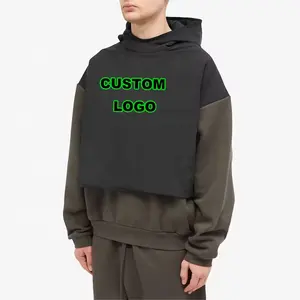 Custom Logo Oversized Double Layer Sleeves Custom Logo Cut And Sew Hoodie Streetwear Blank Drop Shoulder Pullover Hoodie
