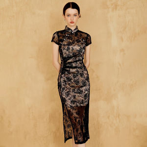 ZYHT 30470 Precio de venta completo Nuevo <span class=keywords><strong>Cheongsam</strong></span> de encaje chino Elegante manga corta Slit Vintage Bodycon Dress - Product Image 3