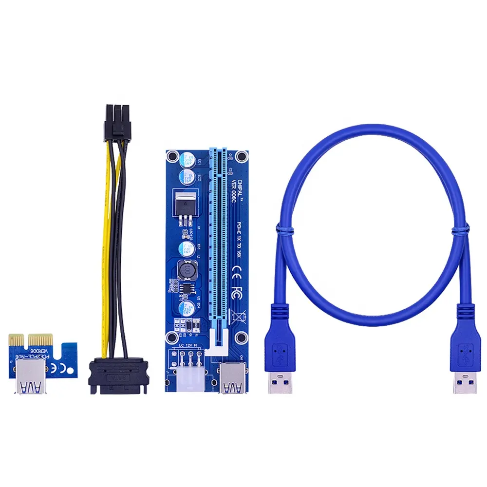 Райзер-карта VER006C PCI-E 006C PCIE 1X до 16X, удлинитель 60 см, USB 3,0, кабель SATA на 6 контактов, шнур питания для видеокарты