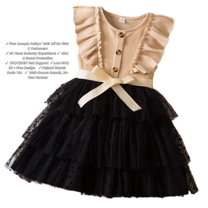 Vestito Estivo per <span class=keywords><strong>Bambina</strong></span> con Maniche Corte in Rete, Gonna Principessa, Collo Tondo, Stile Dolce, Design <span class=keywords><strong>Elegante</strong></span> a Torta - Product Image 1