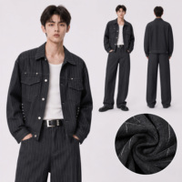 Ensemble en jean thermique décontracté pour homme, 2 pièces, veste à rayures fines et pantalon large, tenue assortie marine, streetwear, vente en gros