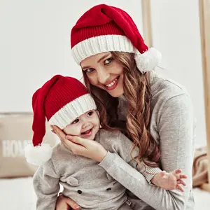 Kerst Ouder-Kind Muts Warm Gehaakt Moeder Baby Muts Voor Familie Xmas Party Pompom Rode Kleur Kids Meisjes Jongens Beanie Pet