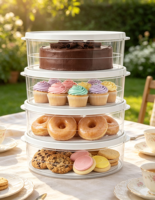 Lot de 4 boîtes de rangement rondes empilables en plastique pour gâteaux, avec couvercle transparent, portables, pour cupcakes, beignets, biscuits et desserts