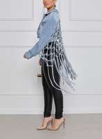 Loveda veste en jean courte et habillée avec logo personnalisé pour femmes veste en jean à pampilles avec grille arrière et poche
