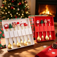 Ensemble de couverts en acier inoxydable poli miroir avec motif de dessin animé de Noël, avec boîte cadeau pour les fêtes de fin d'année