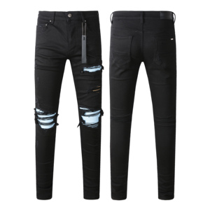 AMIRY Jeans slim stretch pour hommes, vente en gros de patchs rouges déchirés et délavés, style de rue pour l'hiver, l'automne et l'été - Product Image 4