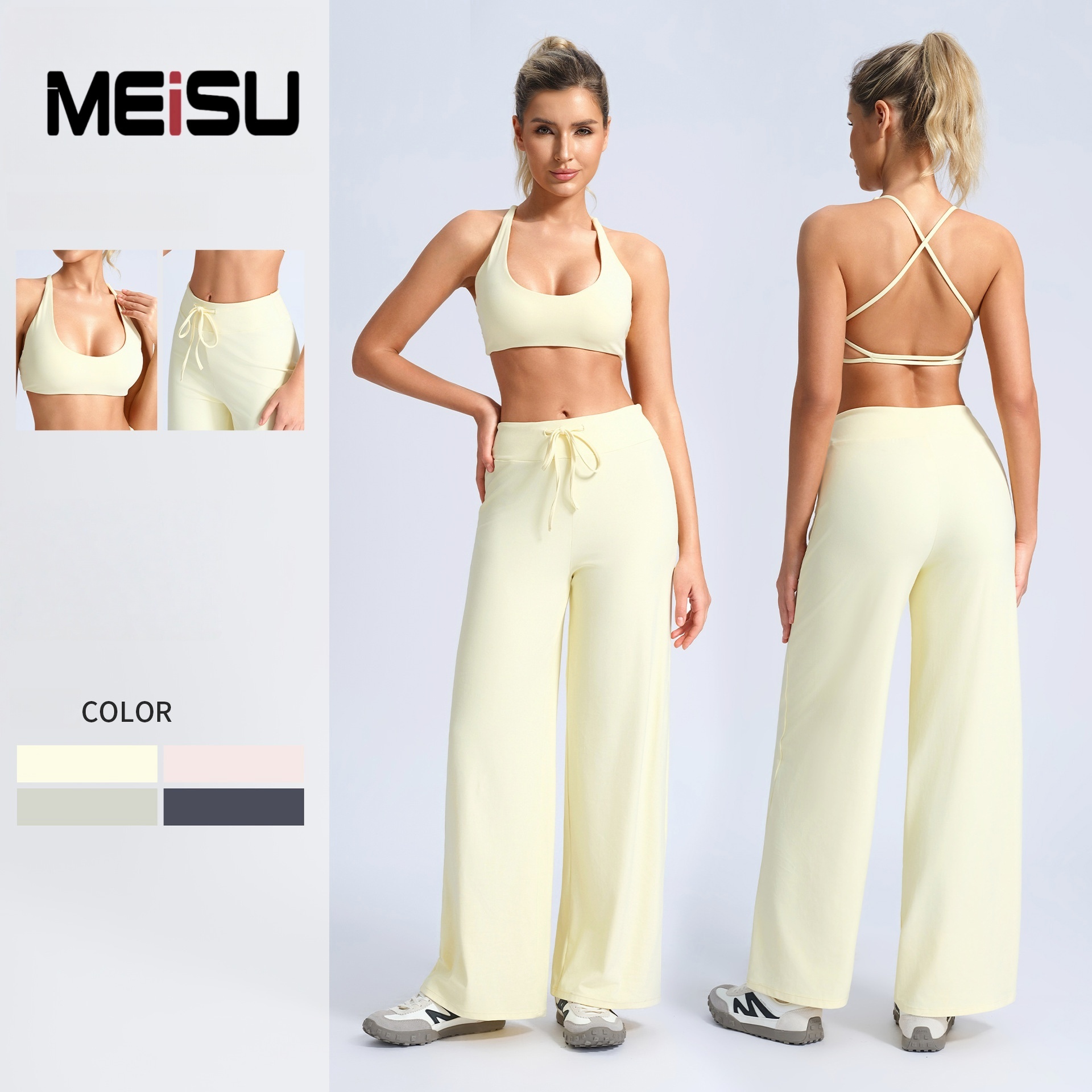 Cross Back Yoga Set Cloud Feeling Quick Dry Crew Neck Sports Bra High Waist Long Pants Fitness Gym Workout Running Active Wear