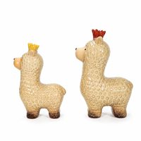Ensemble de figurines d'alpaga en céramique, 2 statues de lamas couronnés, couronnes rouges/jaunes bohèmes, texture laine, décoration d'intérieur, bureau, Diwali, condoléances
