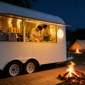 Carrito de Comida Móvil de Acero Inoxidable Blanco Puro con 4 Ruedas e Iluminación Cálida para Helados, Campamentos, Comida y Bebidas Gourmet - Product Image 1