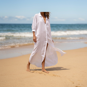 Women's White <b>Linen</b> Long Shirt Dress Button Down Loose Fit Three Quarter Sleeve Casual Summer Beach Cover Up - Product Image 4