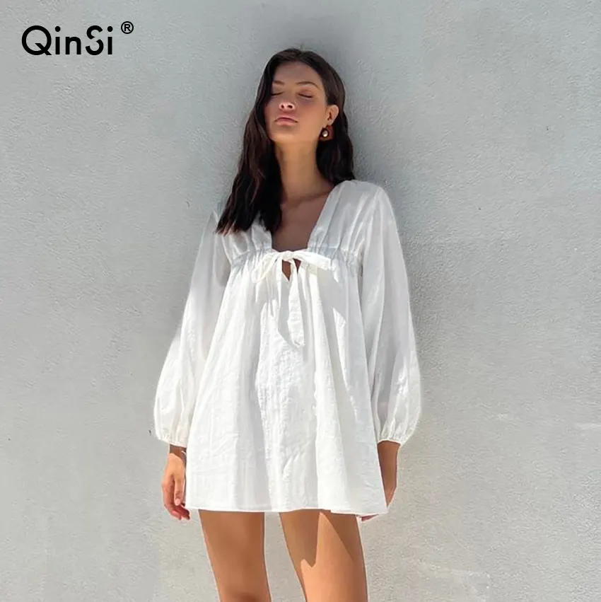 QINSI Lace Up Bow Mini vestido con cuello en V Sexy Atractivo Ropa de dormir para mujer Casual Linterna Manga Mujer Vestido Camisón de algodón blanco