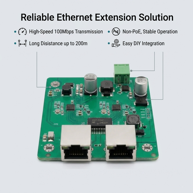 Non-PoE 1 Port RJ45 Out 100Mbps Ethernet Extender 200m Long Distance PCB Board for CCTV, Factory & Office Network Extension