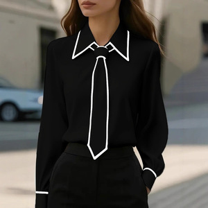 Blus sifon lengan panjang wanita, blus sifon lengan panjang dekorasi dasi kupu-kupu kontras bergaya kantor terlaris - Product Image 3