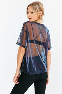 Moda <span class=keywords><strong>mujer</strong></span> sexy de cuello redondo de malla de perspectiva Top corto negro malla cultivo <span class=keywords><strong>camisa</strong></span> con manga corta - Product Image 3