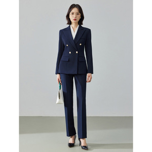 Women's Navy Blue Suit Set Double Breasted Blazer Pants Professional Office Wear Business Interview Attire Full Sleeve Worsted - Product Image 1