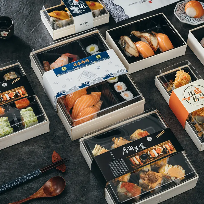 Estick Houten Wegwerp Afhaalsushi Gebak Dessert Bakkerij Tiramisu Cake Houten Doos Voor Voedselcontainer Verpakking