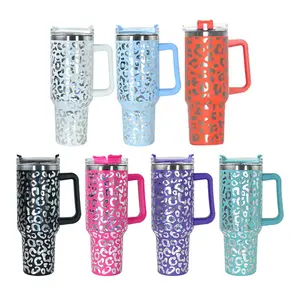 Hot Sale 40oz Leopard Print Stainless Steel Insulation Colorful Car Tumbler Camp Coffee Mug Beer Cup With Handle And Straw