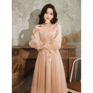 Women's Evening Gown Champagne Color Long Sleeve A-Line Chiffon Elegant Dress For Banquet Grand Annual Meeting - Product Image 3