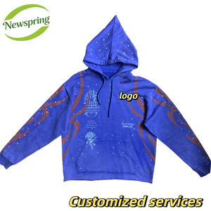 Felpa con Cappuccio da <span class=keywords><strong>Uomo</strong></span> 500gsm 100% Cotone DTG con Rivetti e Strass Stile Streetwear, Vestibilità Ampia, Personalizzabile OEM, Ingrosso - Product Image 1