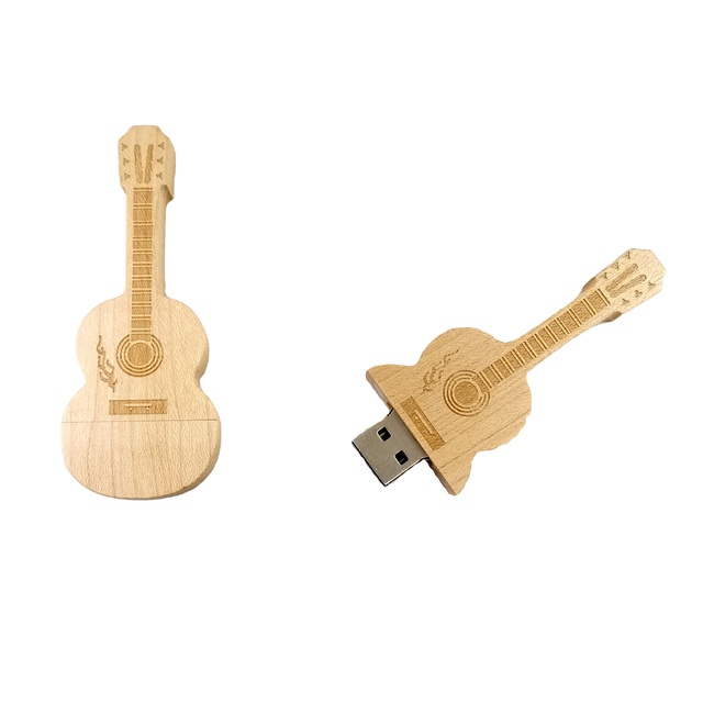 Wooden Guitar-Shaped USB Flash Drive 3D Logo USB 2.0 Encryption 16GB-512GB Capacities Laser Engraving 3-Year Warranty Flash