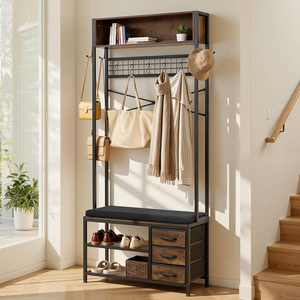 Modern Rustic Brown & Black Wooden 4-in-1 Coat <b>Shoe</b> Rack Hall Tree Factory Wholesale for Front Door Entrance Coat Stands - Product Image 1