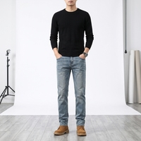 Jean vintage homme le plus vendu, coupe slim, bleu uni, taille mi-haute, pantalon long droit en denim respirant pour l'été