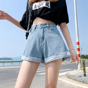 Short en jean d'été pour femmes Taille haute Pantalon court en coton bleu à jambes larges Mini short en jean coréen pour femmes pour étudiantes - Product Image 6