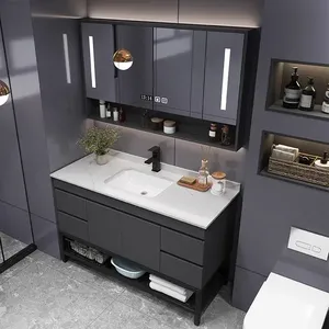 Meuble-lavabo <span class=keywords><strong>de</strong></span> <span class=keywords><strong>salle</strong></span> <span class=keywords><strong>de</strong></span> <span class=keywords><strong>bain</strong></span> gris sur pied en PVC, personnalisé en usine, avec plusieurs tiroirs, durable et résistant à l'humidité, avec vasque en céramique - Product Image 4