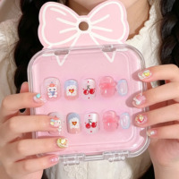 Lot de 10 faux ongles détachables et réutilisables en ABS pour filles, motifs mignons, prêts à poser, pour 9-15 ans