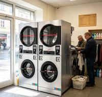 Laveuse-sécheuse commerciale à monnayeur, type empilable, pour usage professionnel en blanchisserie