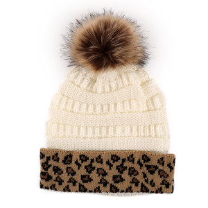 Bsbh của phụ nữ Beanies bán buôn fleeced lót Leopard in Beanie dệt kim Mũ Crochet đan Mũ Beanies với POM mùa đông ấm áp - Product Image 2