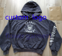 Hoodie Pria Oversized Boxy Distress Wash dengan Sablon Layar Katun French Terry Kustom, Vintage Acid Wash, Streetwear