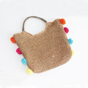 Bolso de Mano 2025, Nuevo, Color Sólido, Simple, con Bola de Peluche, Tejido <span class=keywords><strong>a</strong></span> Crochet con Cuerda de Papel, Cierre de Cremallera, Moderno - Product Image 1
