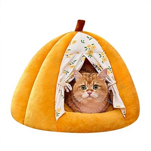 Lit pour animaux de compagnie en forme de yourte mongole, tissu hivernal épaissi, design fermé en forme de citrouille, espace de couchage sécurisé, utilisation intérieure, vente en gros - Product Image 1