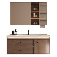 Meuble-lavabo flottant avec miroir LED, porte-serviettes, tiroirs de rangement et vasque effet bois pour salle de bain moderne