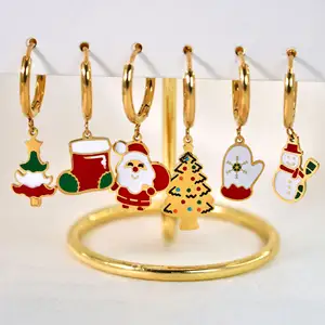 Christmas Them High Quality Earrings Stainless Steel Hoop Dangle Earrings 14K Gold Oil Drip Earrings for Women