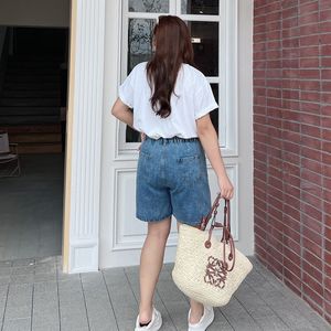 Shorts de Mezclilla de Cintura Alta y Pierna Recta Runqi N8686 para Mujer, Tallas Grandes, Algodón Azul y Negro, Grosor Medio, Microelasticidad - Product Image 4