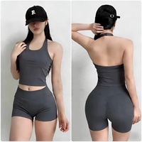 Conjunto de yoga sin costuras para mujer: sujetador deportivo y pantalones cortos, top deportivo halter sin espalda, pantalones cortos de yoga de cintura alta antirozaduras, atuendo para entrenamiento.