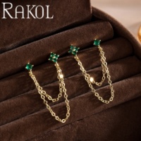 Anting-anting gantung rantai ganda RAKOL ZPE733 untuk wanita, anting tusuk 2 lubang, bertabur zircon kubik