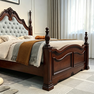 New Arrival Floral Carved Top Diamond Tufted Velvet Four Poster Solid Wood Bed with Simple Wooden Nightstands - Product Image 5
