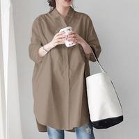 Primavera elegante blusa de manga larga acampanada mujer botones abajo Camisa larga suelta túnica Tops Casual ropa sólida