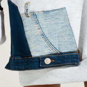 Abbigliamento donna personalizzato elasticizzato cotone misto maniche lunghe con spalle scoperte <span class=keywords><strong>a</strong></span> coste <span class=keywords><strong>in</strong></span> <span class=keywords><strong>maglia</strong></span> con orlo <span class=keywords><strong>in</strong></span> Denim Patchwork Mini abito - Product Image 6