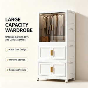 Armoire de rangement pliable et empilable pour vêtements, 3 niveaux, en PP, avec <span class=keywords><strong>porte</strong></span> transparente et roulettes mobiles, sans installation - Product Image 3